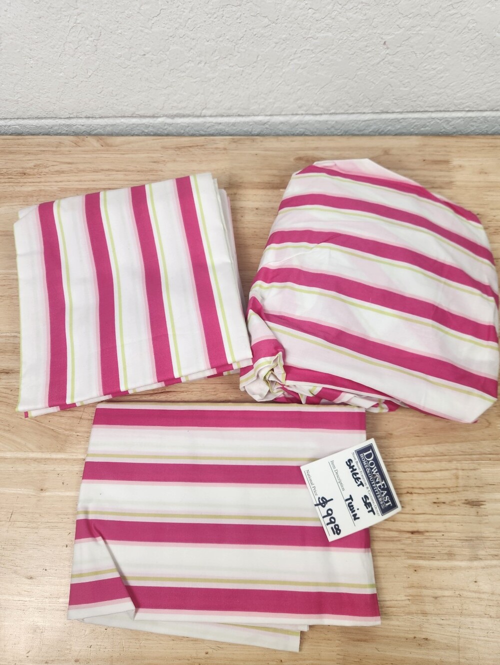 Pottery Barn Kids Aimee Twin Sheet Set With 1 Sham Pink Green Stripe 2006 NOS